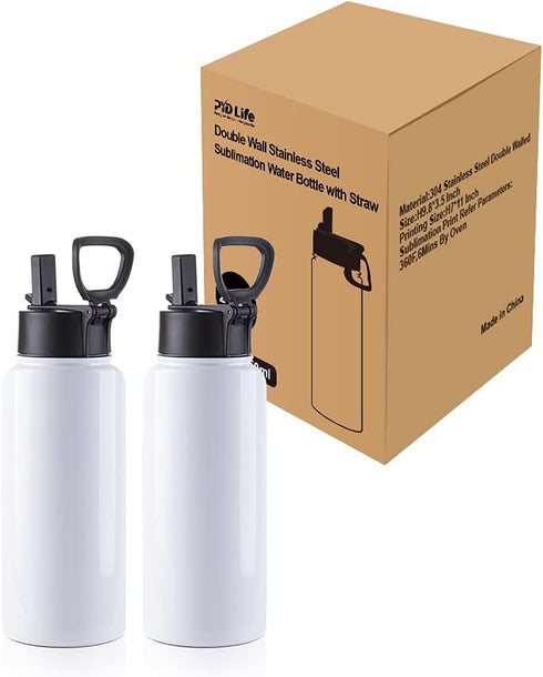 PYD Life 2 Pack Sublimation Blank Tumbler 32 OZ White Vacuum Flask with Straw and Handle