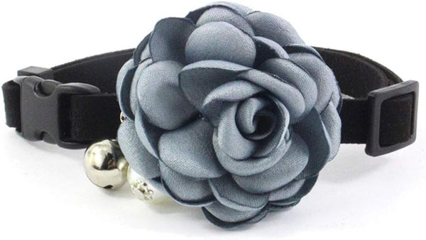 Everflowering Rose Blue Cat Dog Collar Bow Tie, Suede Puppy Necklace with Bell, Adjustable Handmade Accessory, Size XS