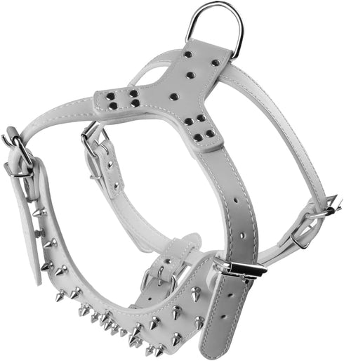 Serijoars Spiked Studded PU Leather Dog Harness Collar Set for Large Breed Pit Bull, Bully, Husky, Terrier, M, White