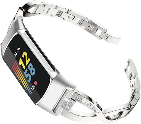 Fitbit Charge 6/Charge 5 Band Compatible for Women, Slim Crystal Bling Glitter Rhinestones Jewelry Metal Bracelet