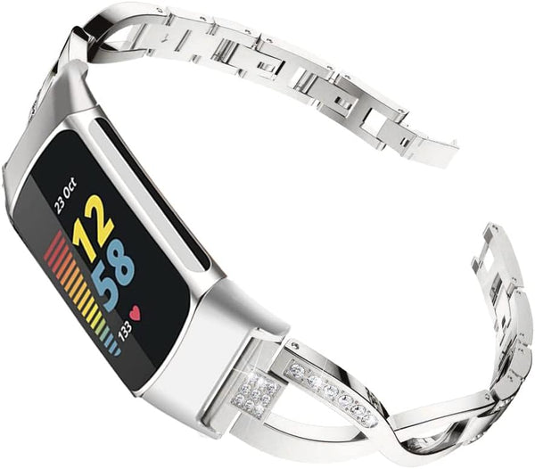 Fitbit Charge 6/Charge 5 Band Compatible for Women, Slim Crystal Bling Glitter Rhinestones Jewelry Metal Bracelet