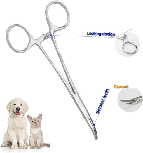 2pcs Set Pets Ears/Nose Hair Puller - Straight & Curved Full Serrated Stainless Steel Hemostat Locking Forceps