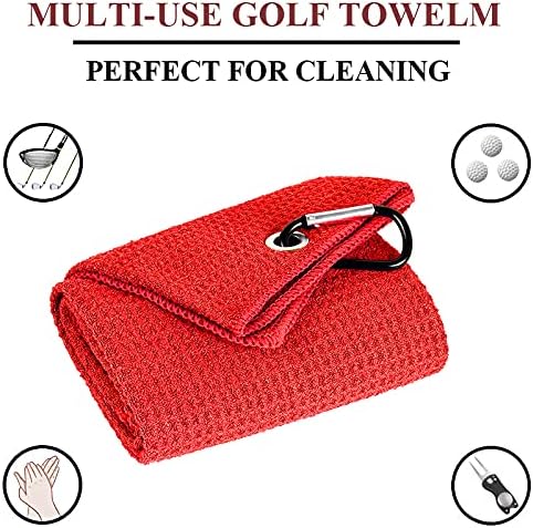 VIVIDLY 2 Pack Tri-fold Golf Towels, Premium Microfiber with Heavy Duty Carabiner Clip, Red