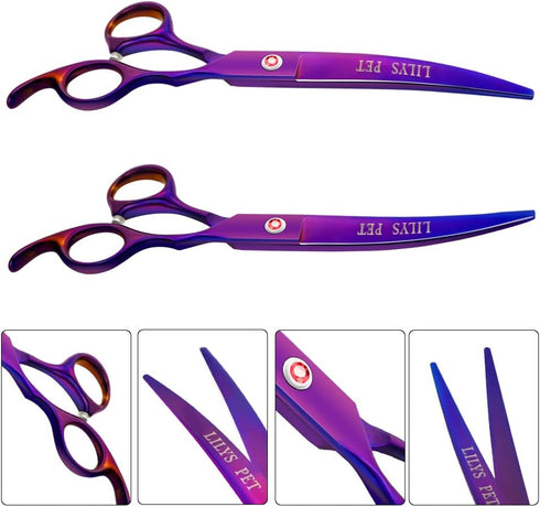 LILYS PET Professional Dog Grooming Coated Titanium Scissors Set - Cutting, Curved & Thinning Shears (8.0 inches,