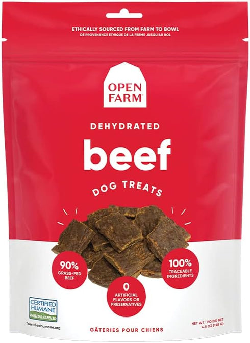 Open Farm Dehydrated Beef Grain-Free Dog Treats, 4.5 oz, 100% Grass-Fed Beef Recipe, No Artificial Flavors