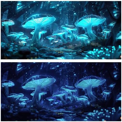 48X20IN Blacklight Cyan Mushroom Aquarium Background, UV Reactive Starry Sky Moonlight Terrarium Background with 10 EVA