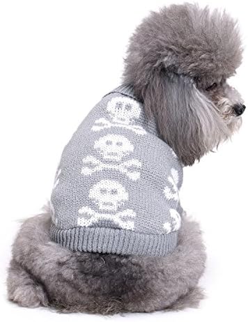 Skull Dog Sweater, Holiday Halloween Christmas Pet Clothes, Soft Comfortable, Grey
