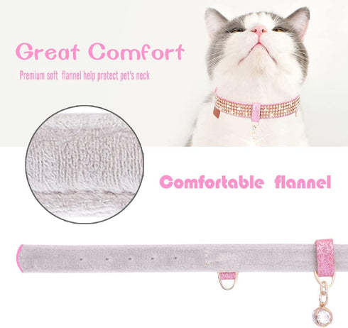 PetsHome Bling Rhinestones Cat Collar, Premium PU Leather with Pendant Adjustable Collars for Big Cat and Small to