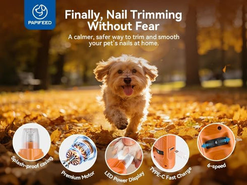 6 Trimmer PAPIFEED Speed Pet Nail Grinder with Dual LED Lights, Rechargeable Dog Nail with Dust Proof Cover, Type-C