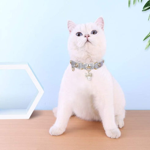 PetsHome Adjustable PU Leather Cat and Dog Collar with Bling Rhinestones, Luxury Pendant, Small Silvery for Big Cat and