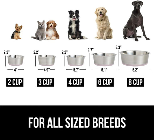 Gorilla Grip Stainless Steel Dog Bowl Set of 2, Heavy Duty Feeding Dishes, Holds 6 Cups (48 fl oz), Lt Pink