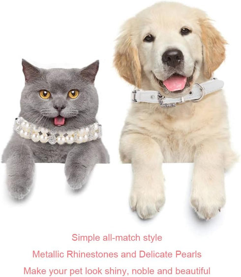 Dog Cat Pearl Collars - Adjustable Crystal Rhinestone PU Leather Necklace, Medium Size, White Pearl Pet Collar