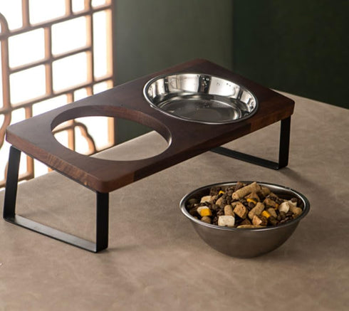 Ceramic Pet Bowl Set with Non-Slip Wood Stand - Double Bowls for Cats, Dogs, and Puppies, 8 oz Each Bowl (5.5",