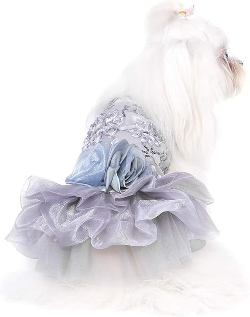 Puppy Clothes, Elegant Sequin Silky Princess Skirt for Pet Dog, Wedding Christmas Festival Costume, Grey-M