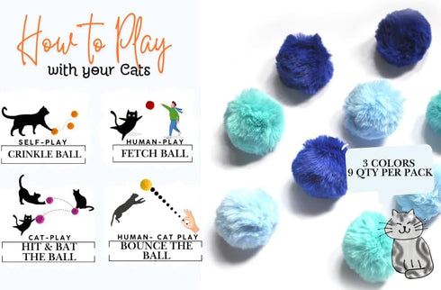 Furry Cat Toys Ball with Rattle Bell and Catnip for Cats - Easter Gift (Blue with Bell)