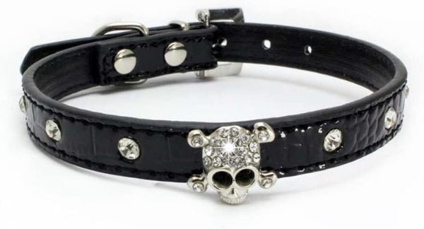 Cute Dazzling Skull Diamond Crystal Rhinestone Leather Collar for Small Pet Dog Cat (XS, Black)