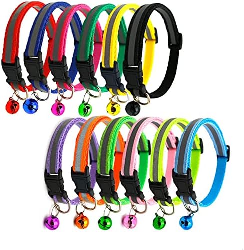 Cat Collar with Bell, 12pcs Mixed Colors Reflective Collars, Soft Nylon for Cat or Small Dogs, Neck 7.8" - 13"