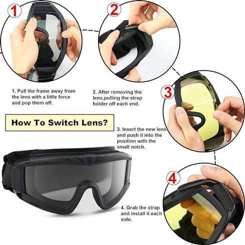 LEJUNJIE Tactical Safety Goggles, Anti Fog Airsoft Goggles with 3 Interchangeable Lenses for Hunting, Cycling, Paintball