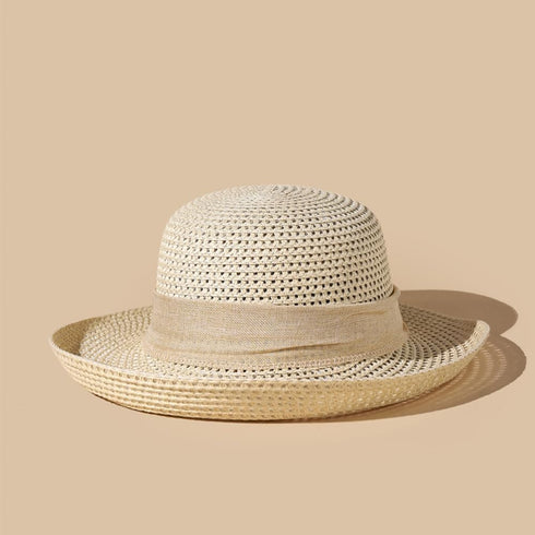 Women's Straw Sun Hat - Wide Brim Ribbons Roll Up Bucket UPF 50+ Foldable Floppy with Strap