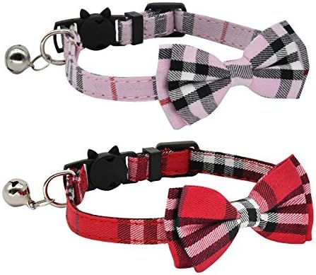 CHUKCHI 2 Pack Cat Collar Breakaway, Adjustable 7.8-10.5 Inch with Cute Bow Tie and Bell (Red+Pink)