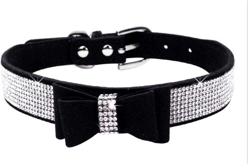 Rhinestone Dog Collar, Soft Suede Leather with Crystal Diamond, XS, Black-1
