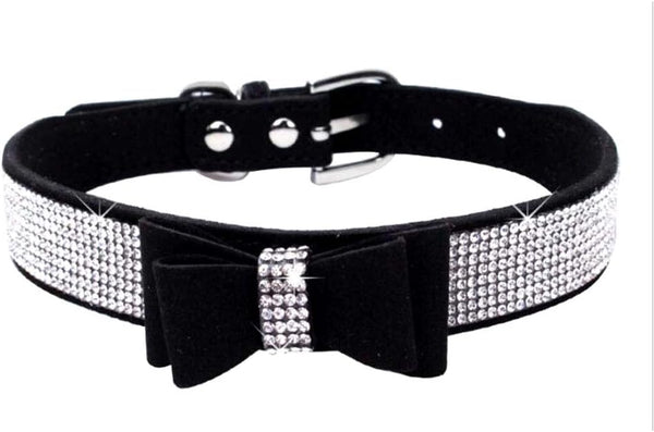 Rhinestone Dog Collar, Soft Suede Leather with Crystal Diamond, XS, Black-1