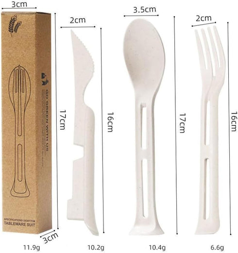 Generic 3PCS Set 3 1 Wheat Straw Cutlery, Reusable Utensils Portable Travel in Spoon Fork Knife Tableware