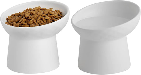 Small Ceramic Raised Cat Bowls, Tilted Elevated Food or Water Bowls, Dishwasher Safe, White