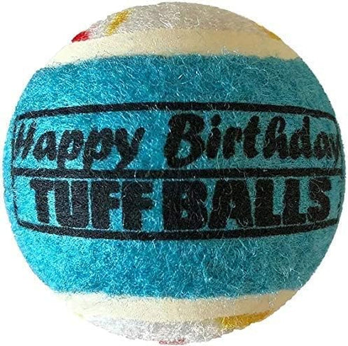 PetSport Jr. Happy Birthday Tuff Ball Dog Toys | 4 Pack Small (1.8") Pet Safe Felt & Extra-Thick Rubber Tennis Balls for Durability and Bounce | Makes a Great Gift