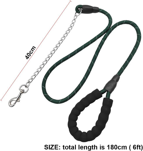BTINESFUL 6FT Chewproof Dog Leash - Strong Nylon Rope with Anti-Chewing Chain (Dark Green) for Medium Large Dogs