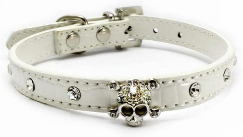Elegant Fancy Skull Diamond Crystal Rhinestone Leather Collar for Small Dogs Cats, Puppy (S, White)
