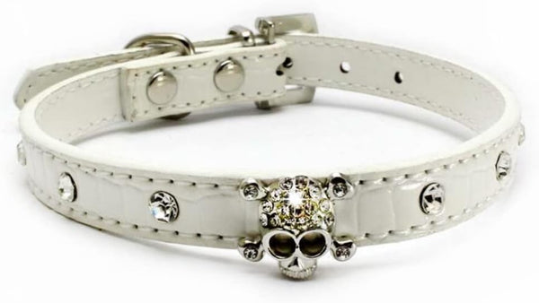 Elegant Fancy Skull Diamond Crystal Rhinestone Leather Collar for Small Dogs Cats, Puppy (S, White)