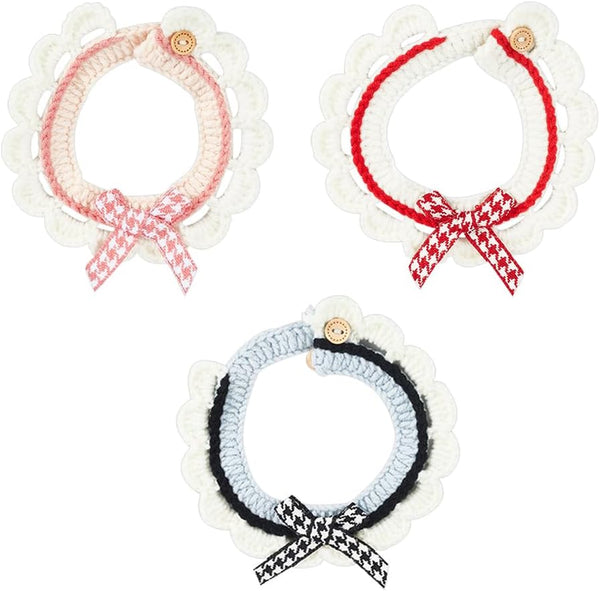 FINGERINSPIRE 3PCS Knitted Cat Collars, Handmade Adjustable Bow Tie Pet Collar in Rose, Brown, Blue