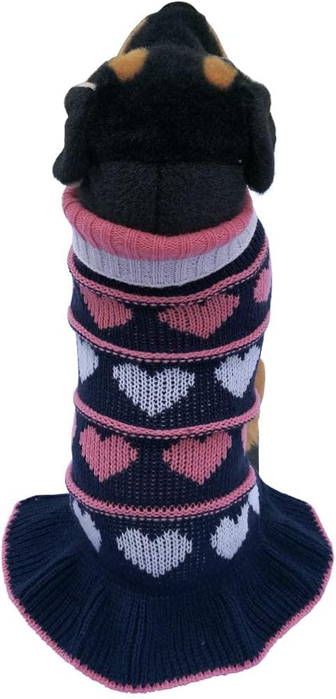 Jecikelon Pet Dog Long Sweater Dress, Knitwear Turtleneck Pullover for Winter, Navy Heart, Small