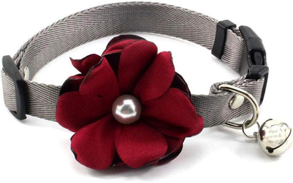 Geranium Flower Cat Dog Collar Bow Tie, Nylon Puppy Necklace with Pearl Bell, Adjustable Handmade (Red, Size M)