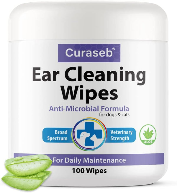 Curaseb Cat and Dog Ear Wipes – Cleans, Deodorizes, Soothes Ear Issues with Aloe Vera – 100 Wipes