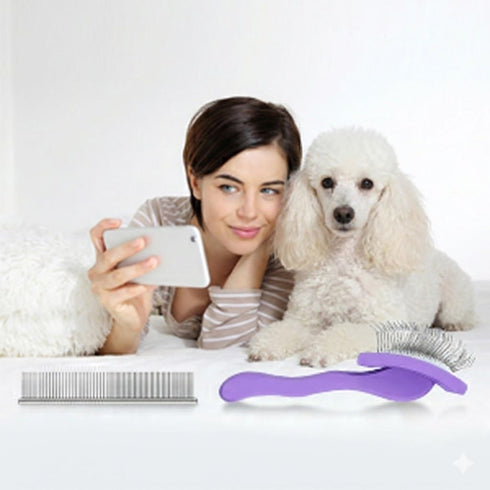 Dog Slicker Brush for Goldendoodles, Poodles & Long Haired Dogs - Long Pin Doodle Brush & Pet Comb Kit Removes Tangles
