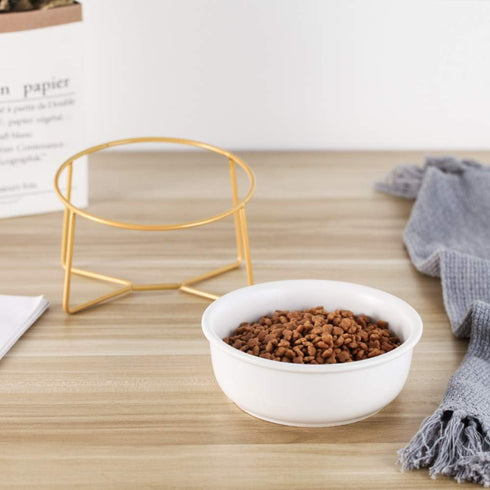 White Small Ceramic Tilted Elevated Cat Dog Bowl, Raised Food Water Dish with Gold Iron Stand for Pet Comfort