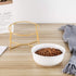White Small Ceramic Tilted Elevated Cat Dog Bowl, Raised Food Water Dish with Gold Iron Stand for Pet Comfort