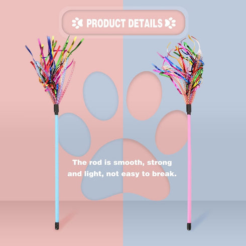 Cat Toy Wand 2PCS Interactive Feather Toy with Sound Paper Tassels, Pink+Blue