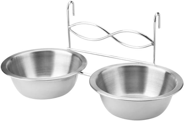 Stainless Steel Double Hanging Pet Feeding Station with Hook, Water and Food Bowls for Small Dogs and Cats