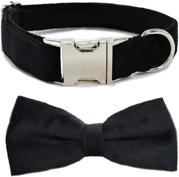 Love Dream Adjustable Velvet Dog Collar with Detachable Bowtie, Soft Comfortable Bow Tie Collars for Large Dogs, Black