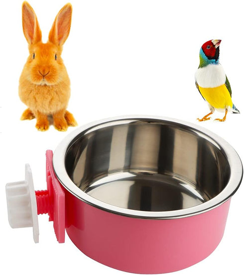 2 Pack Pet Food Water Bowl Plastic Basin and Stainless Steel Basin Combo Mountable Food Basin Dish for Rabbit Chinchilla Hamster Bird and Other Pet (Pink and Blue)