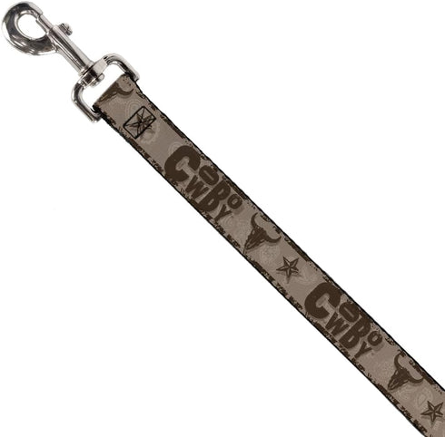 Buckle-Down Pet Leash, Western Cowboy Icons Collage in Tan Browns, 6 Feet Long, 0.5 Inch Wide