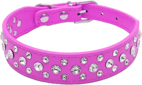 Rhinestone Dog Collar | Bling Rhinestone PU Leather Crystal Diamond Pet Collar | Sizes S-M-L-XL, Hot Pink