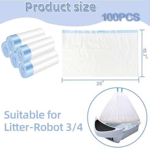 Ferypet 100 Packs 3/4 Cat Litter Bags with Drawstring, Compatible with Litter-Robot Cat Litter Box, Replacement Waste