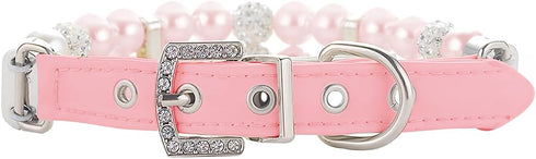 KUDES Small Dog Cat Pearl Collars with Crystal Rhinestone Diamond Décor, Adjustable Fashion PU Leather for Small Pets