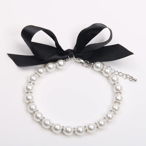 Dog Cat Pearls Necklace Collar with Bling Accessories and Ribbon Bow for Female Dogs Cats (L, White)