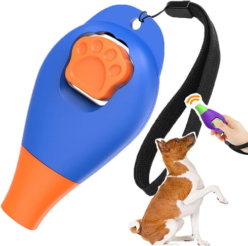 Dog Training Clicker with Whistle and Wrist Strap - Positive Reinforcer for Puppy and Adult Dogs (Blue)
