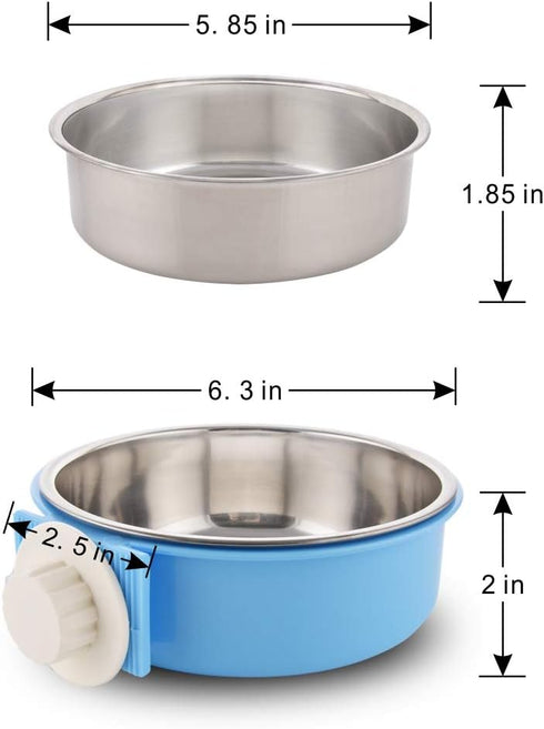 Crate Dog Bowl Removable Stainless Steel Water Food Feeder Bowls for Cat, Puppy, Bird Pets (Large, Blue)